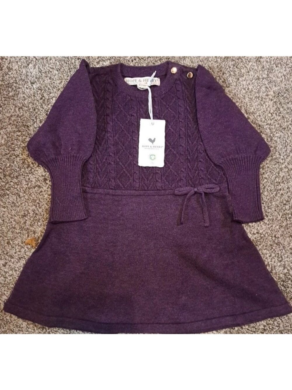 Hope & Henry Organic Cotton Cable Knit Baby Dress Purple 6-12 Months